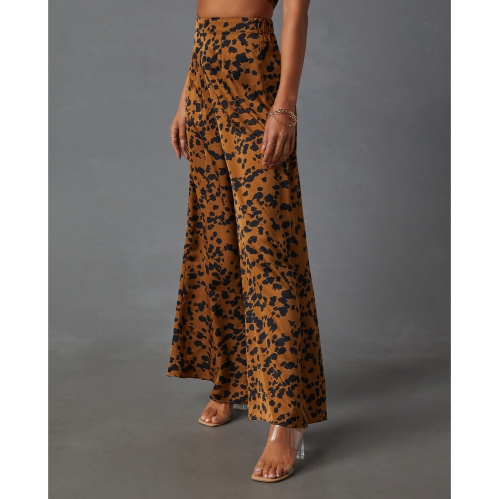. Vici Brown & Black Leopard Print High Waist Wide Leg Trouser Pants - Picture 3 of 7